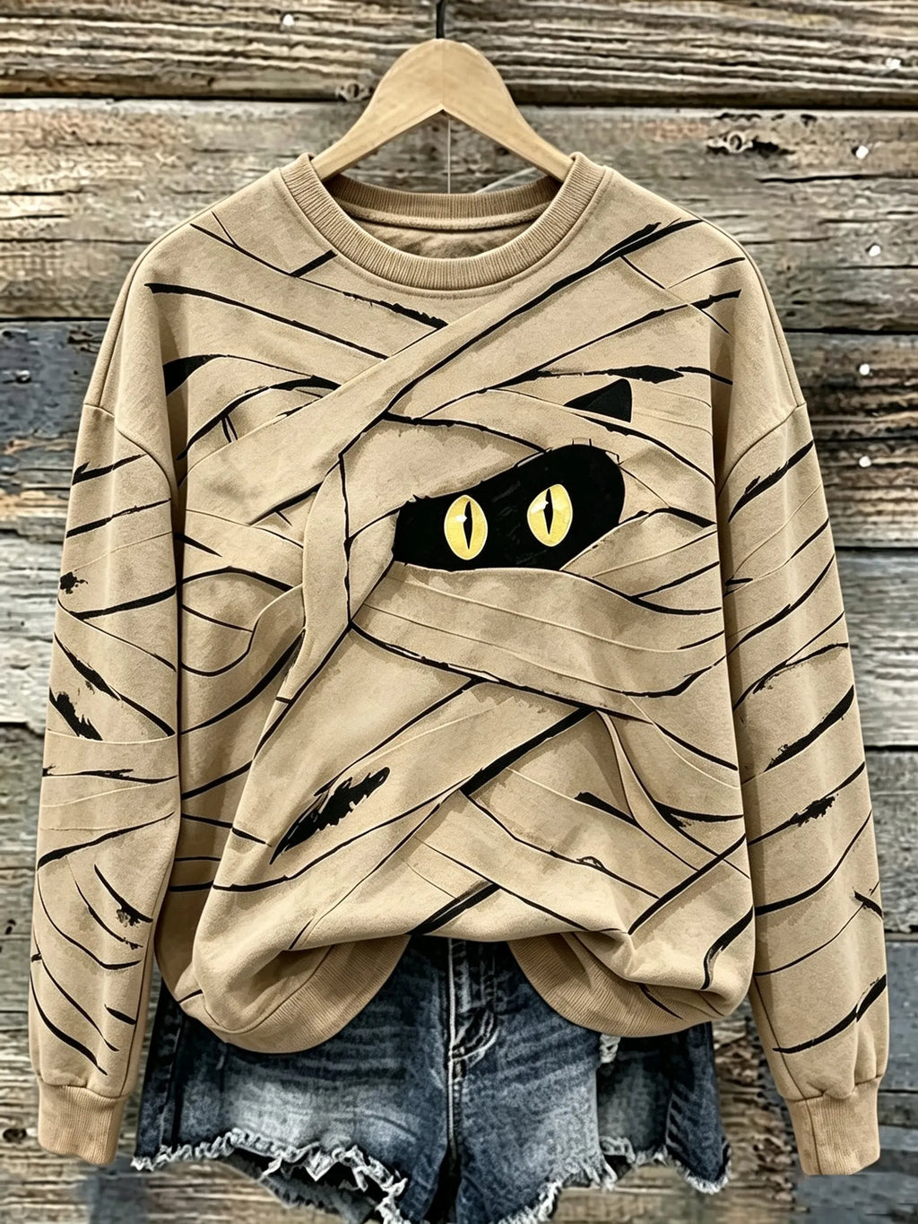 Women's Halloween Cute Mummy Black Cat Cartoon Style Print Casual Sweatshirt
