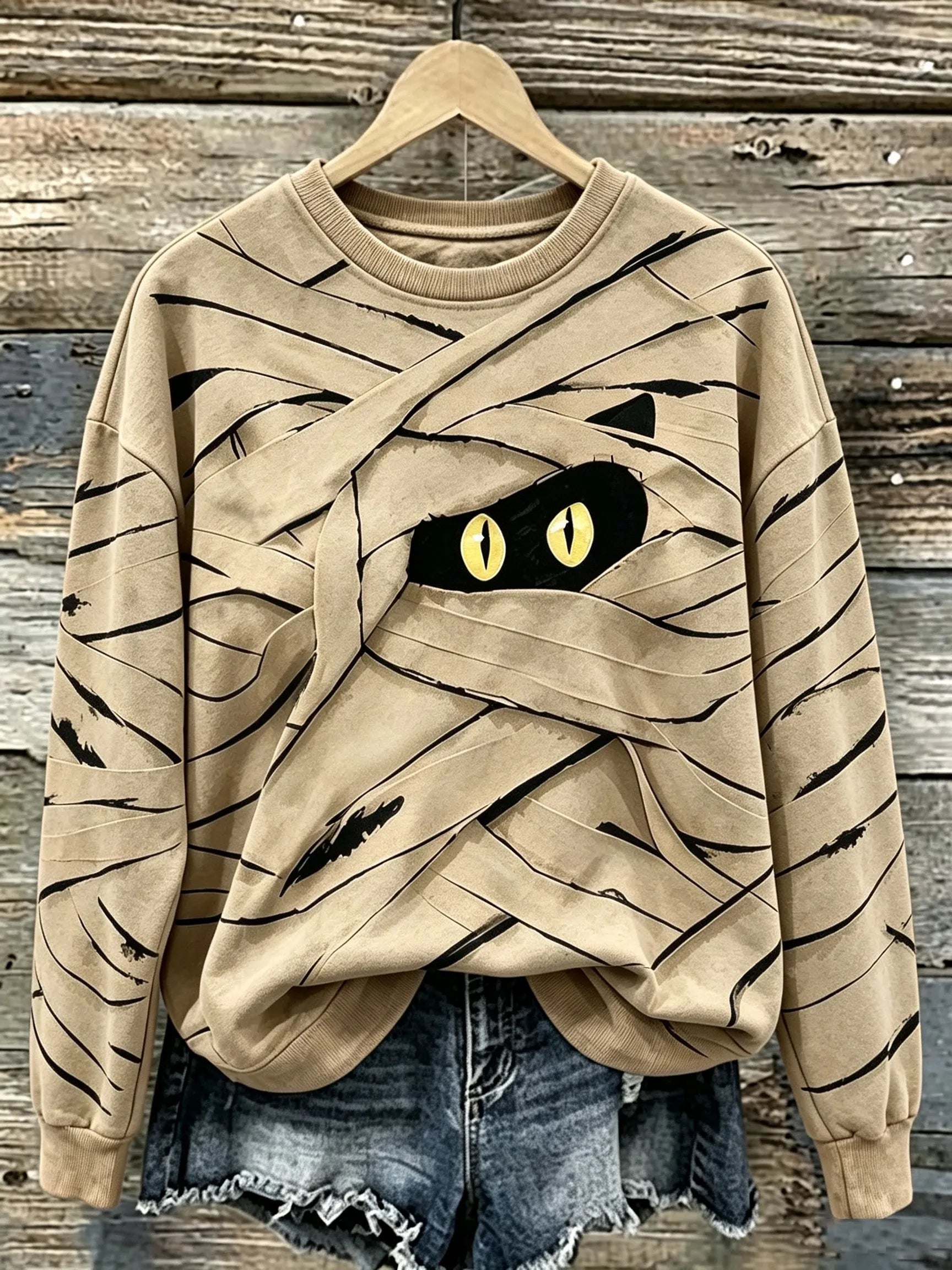 Women's Halloween Cute Mummy Black Cat Cartoon Style Print Casual Sweatshirt