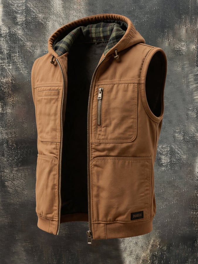 Men's Vintage Multi-Pocket Hooded Utility Vest Jacket