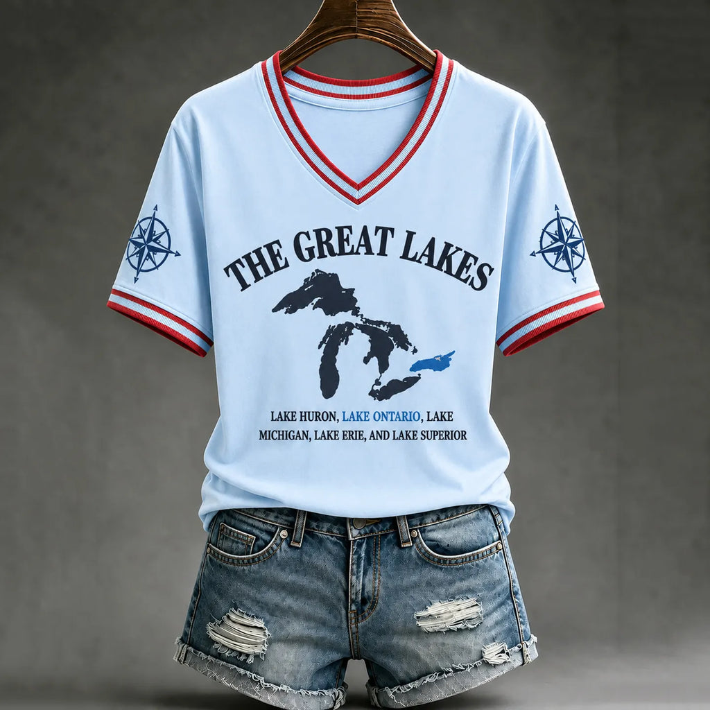 Women’s Lake Ontario Print V Neck Casual T-shirt