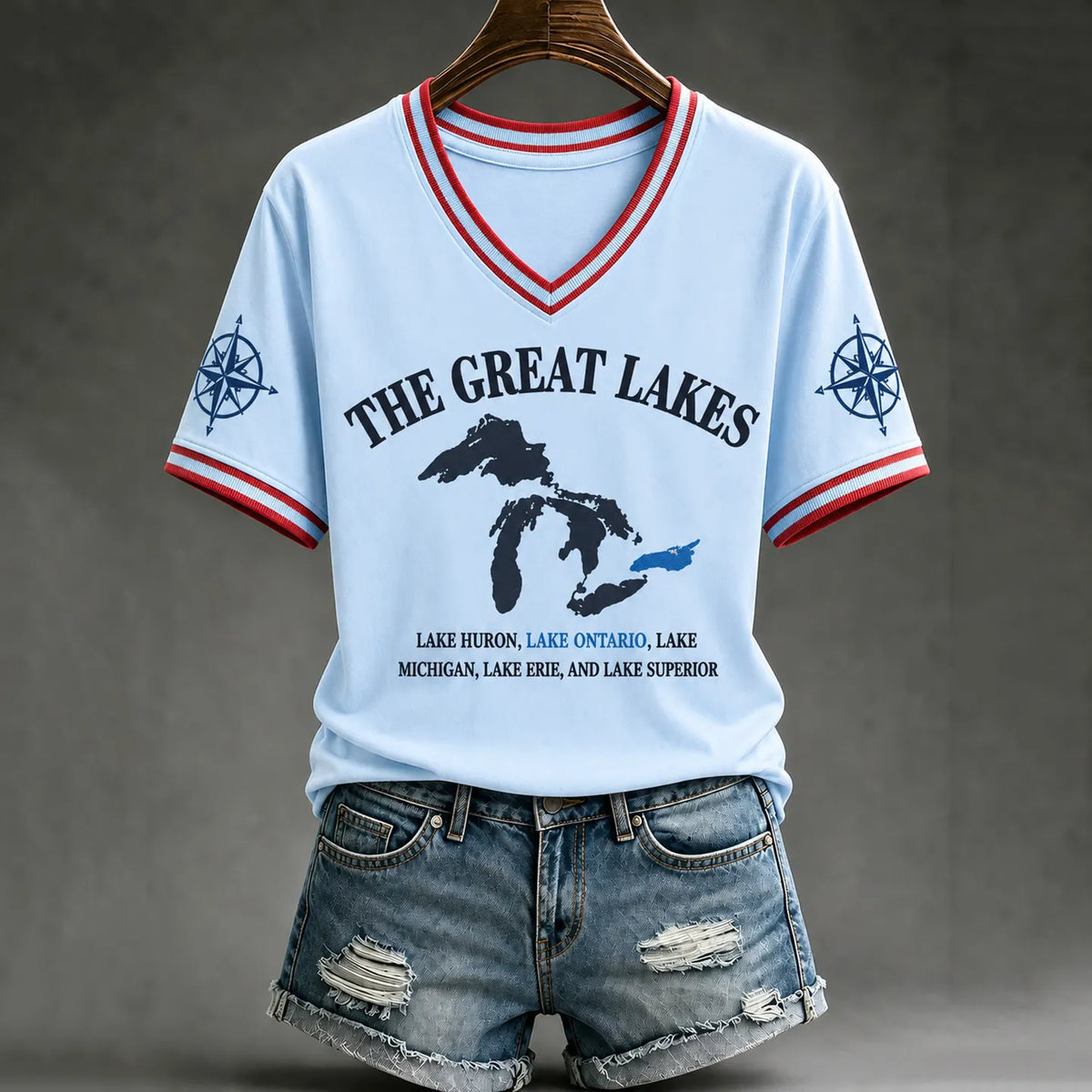 Women’s Lake Ontario Print V Neck Casual T-shirt