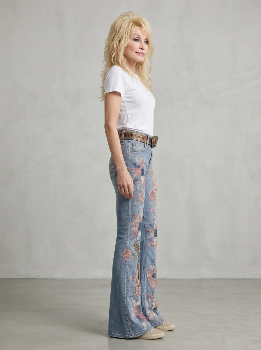 Women's Dolly Parton Guitar Butterfly Quilt Printed Flare Jeans
