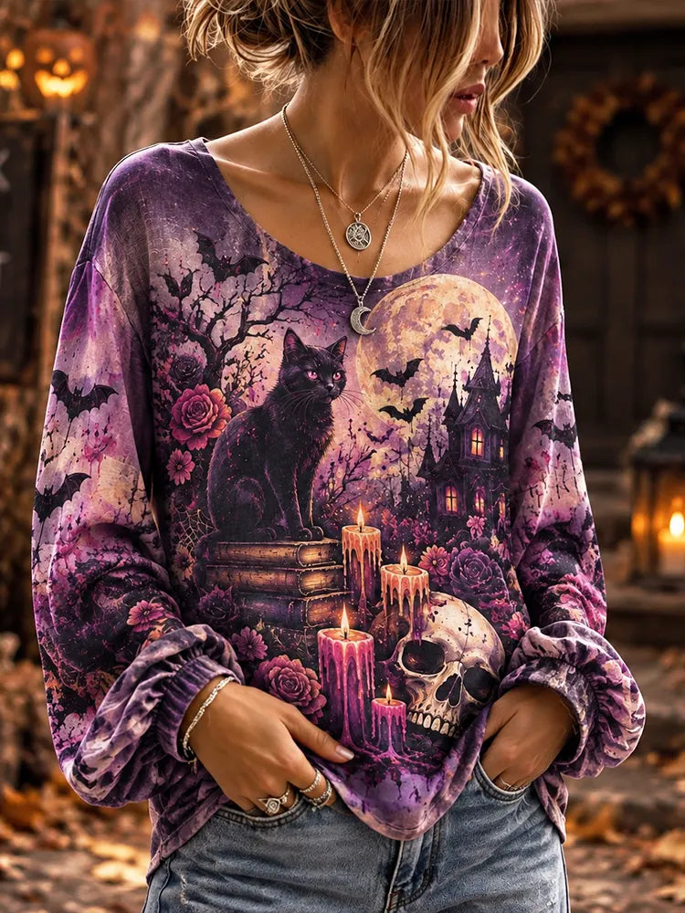 Women's Halloween Gothic Black Cat, Castle & Skull Pattern Long-sleeve T-shirt
