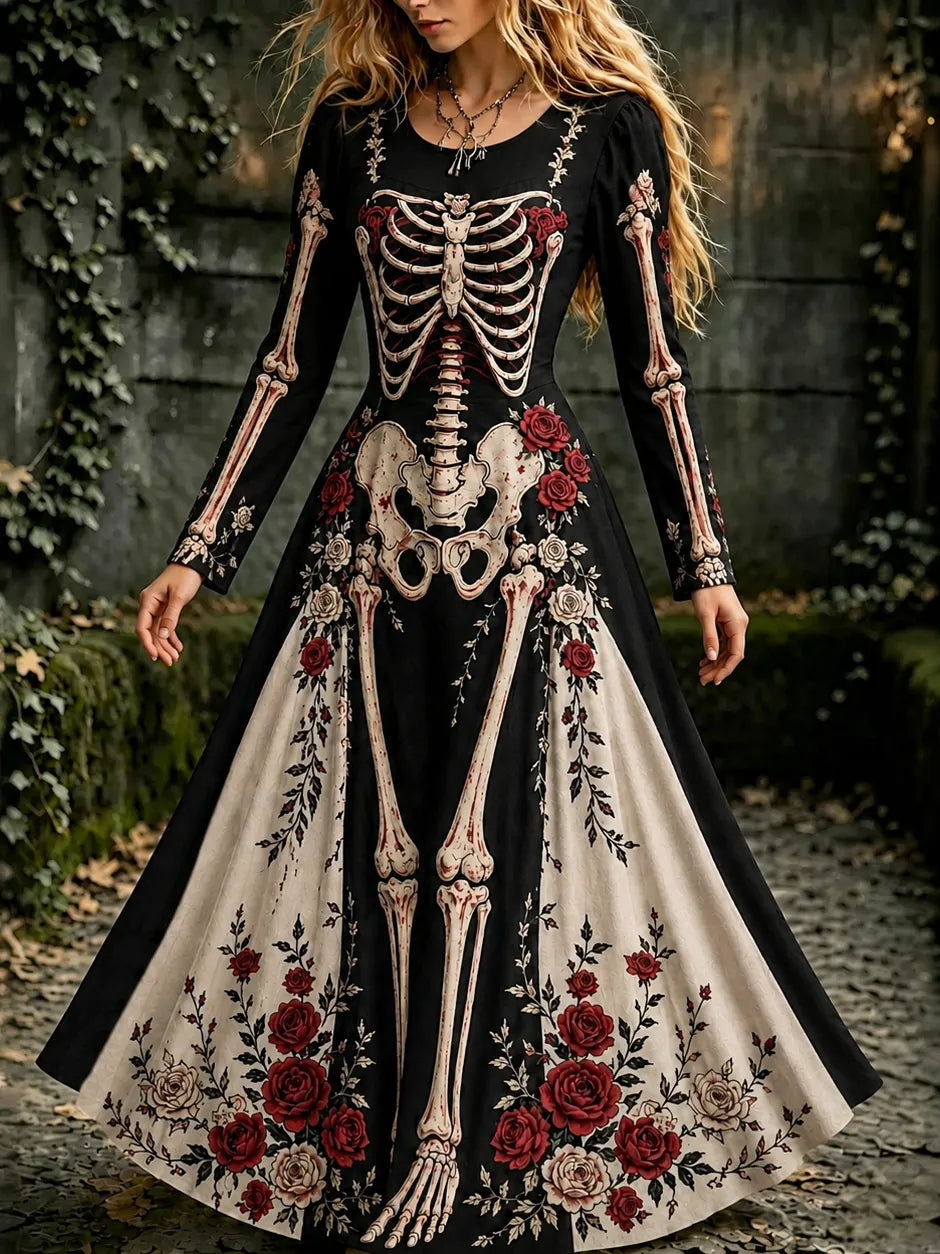 Women's Halloween Gothic Skeleton & Floral Long-sleeve Maxi Dress