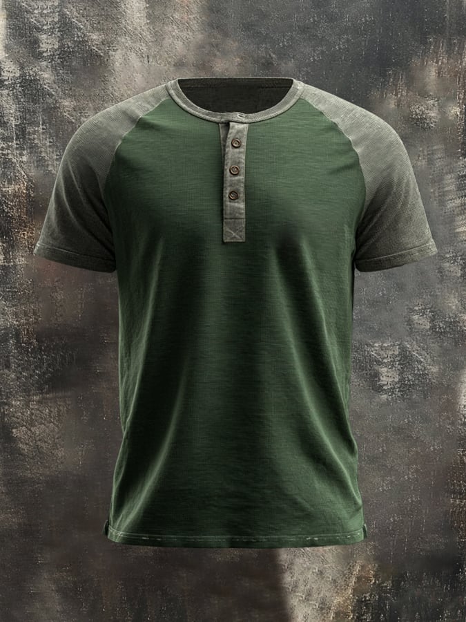 Men's casual retro wash colorblock Henley T-shirt
