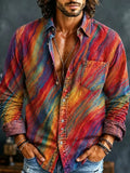 Men's Rainbow Swirling Tie‐Dye Streaks Print Print Long Sleeve Pocket Shirt
