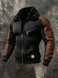 Men'S Vintage Textured Checkered Jacket With Fleece Lining And Fur Collar