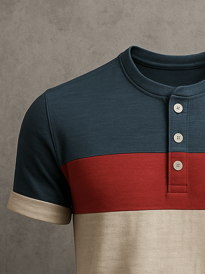 Men's Basic Henley Neck T-Shirt for Daily Wear Casual Faded Wide Stripe Contrast Color Short Sleeve
