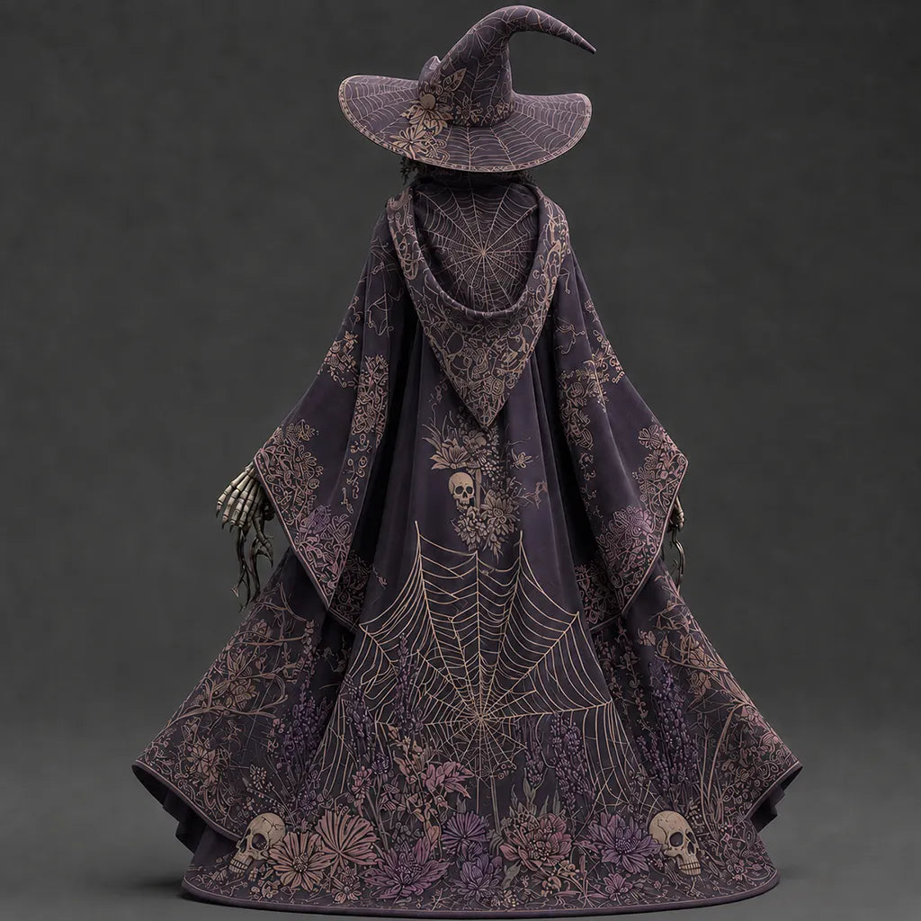 Women's Halloween Spiderweb Skull Floral  Hooded Cape