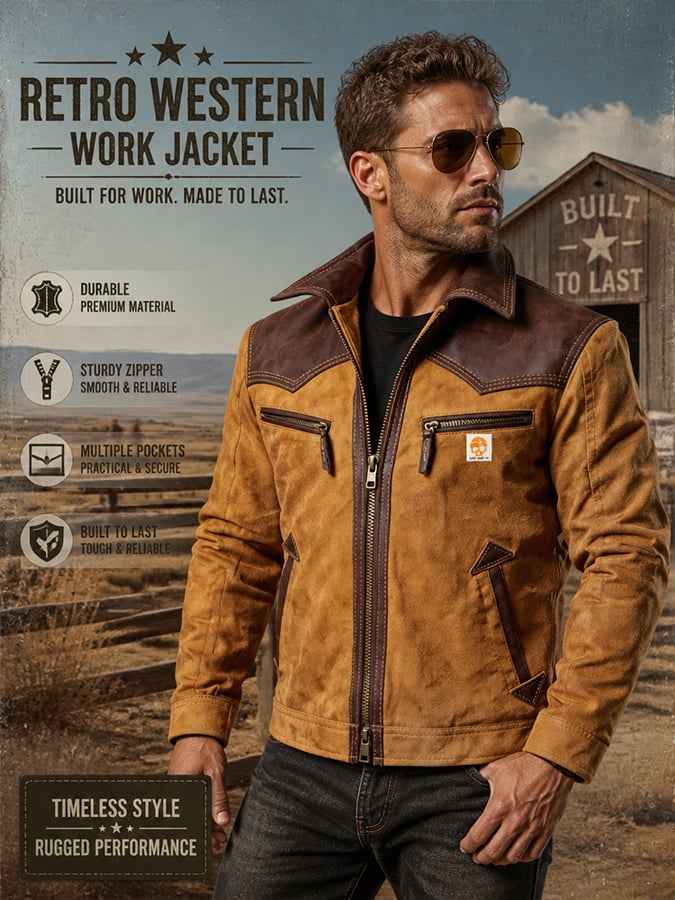 Men’s Vintage Suede-Look & Leather-Panelled Insulated Multi-Pocket Western-Style Outdoor Jacket