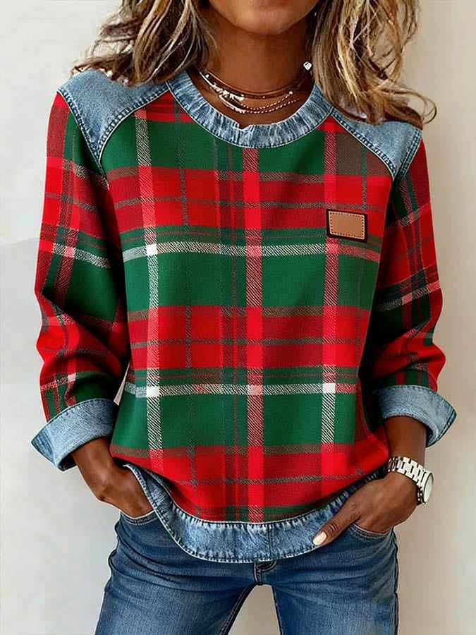 Women'S Casual Round Neck  Patchwork Plaid Print Pullover Sweatshirt
