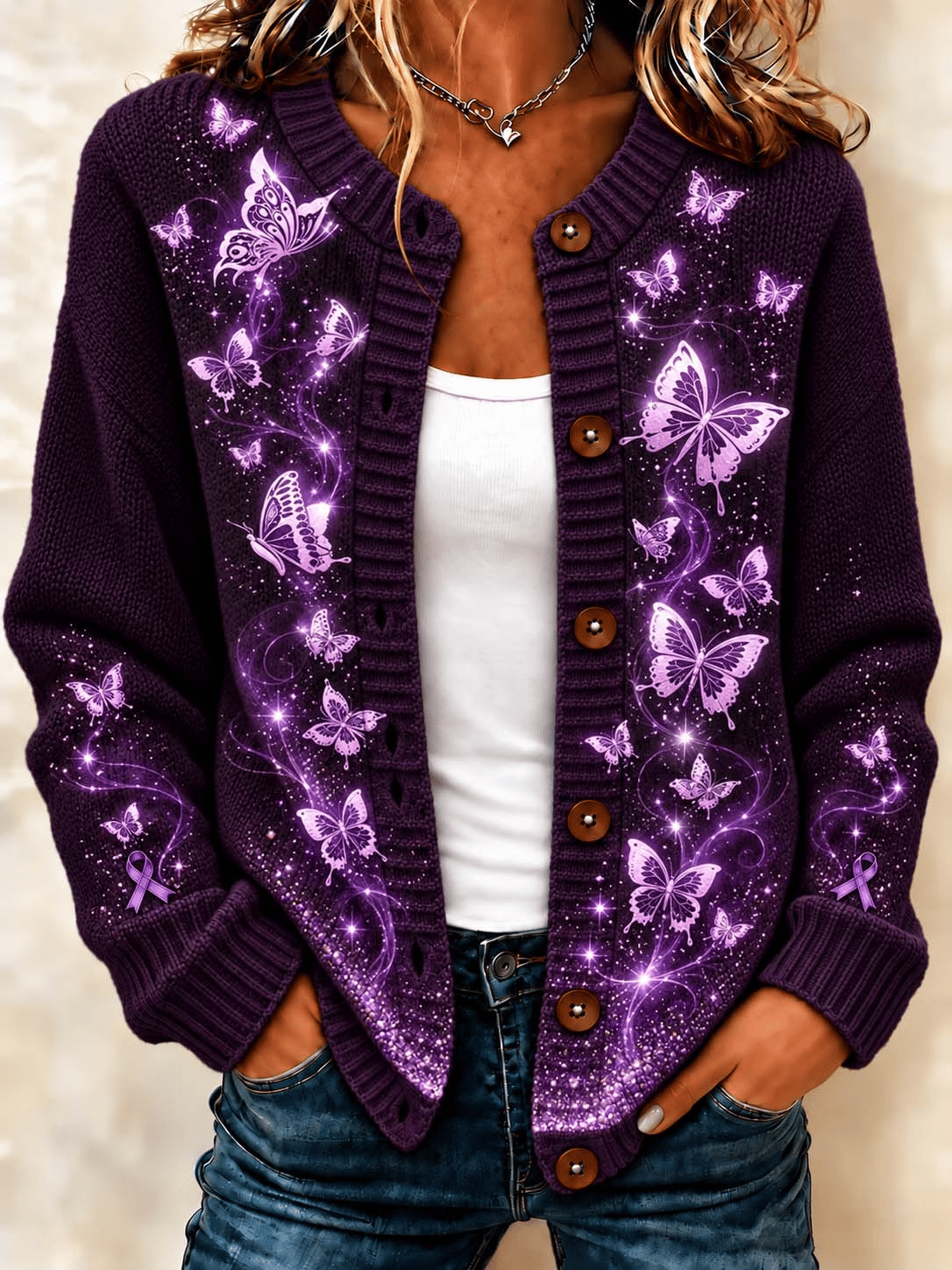 Women's"Sparkling Purple Butterfly Swarm" Ombre Knit Cardigan