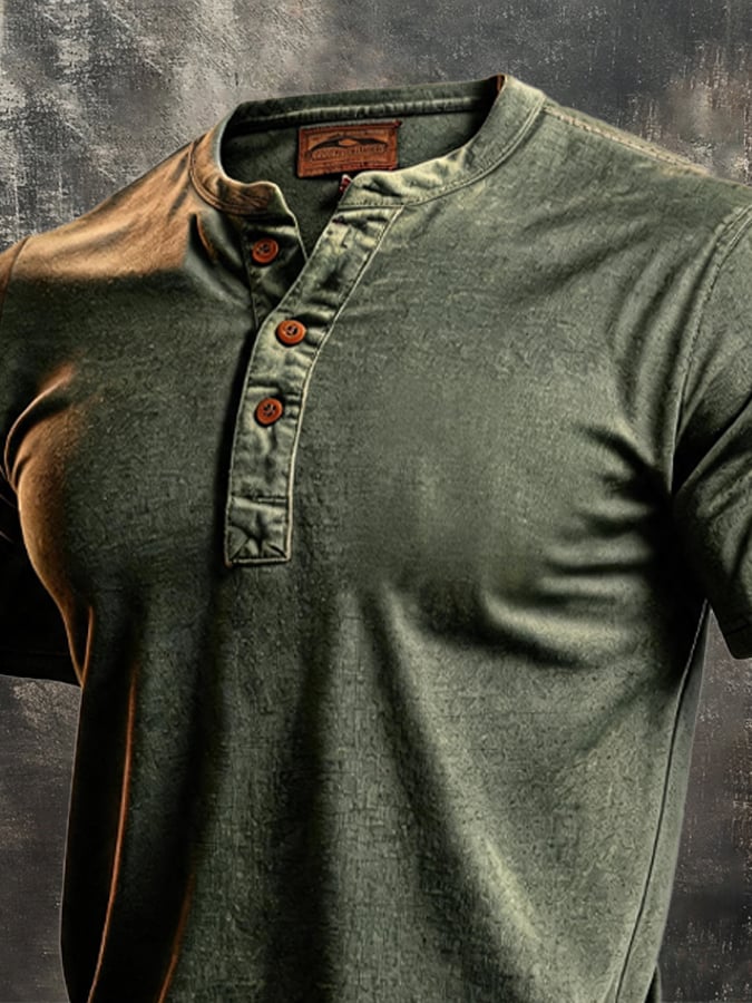 Men's Retro Color-Block Short-Sleeve Henley T-Shirt