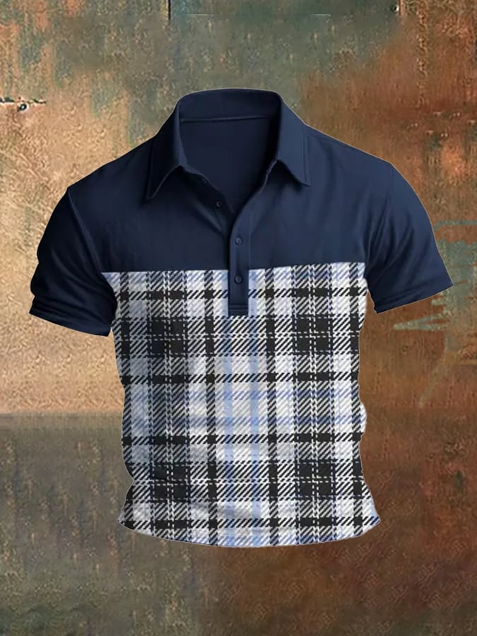 Casual, classic short-sleeved polo shirt with patchwork check pattern for men