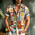 Men's Sun Dove Guitar Color Tile Print Short Sleeve Buttons Shirt