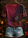 Women's Day Of The Dead Dancing Skeleton Couple Colorful Curly Floral Vines Print V Neck Raglan T-Shirt