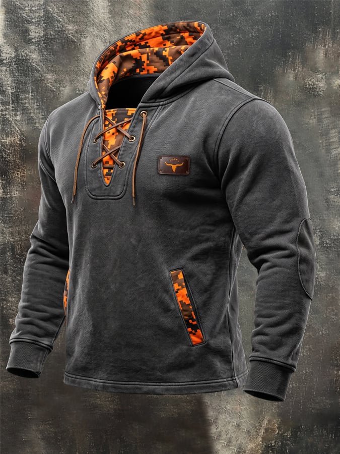 Men's Outdoor Camouflage-Panel Hoodie with Drawstring Collar