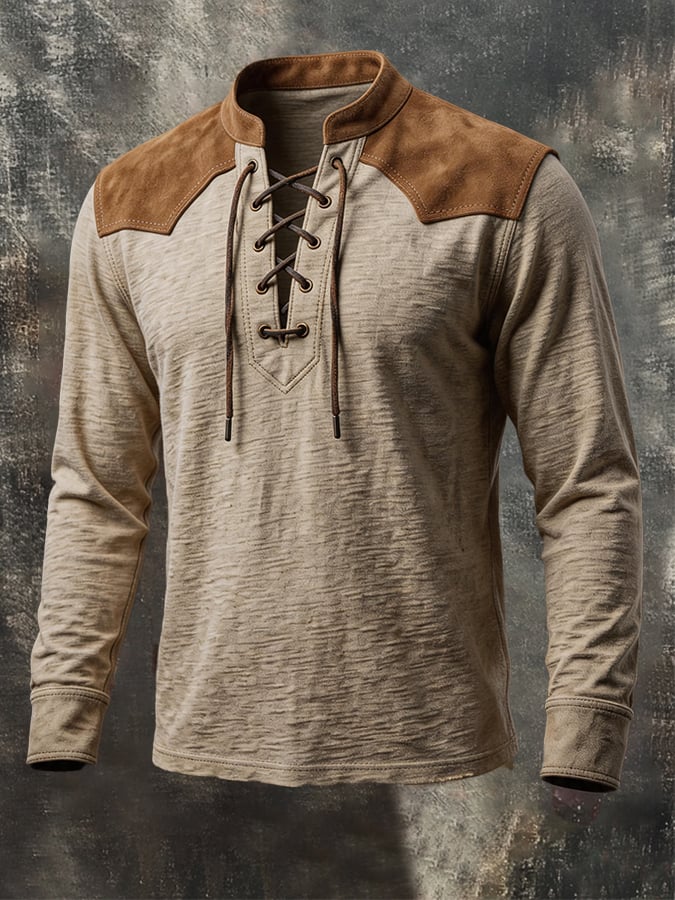 Men's Vintage Slub Cotton & Faux Suede Panel Lace-Up Henley T-Shirt