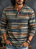 Men's Retro Colorblock Striped Print Henry Collar Long Sleeve T-Shirt