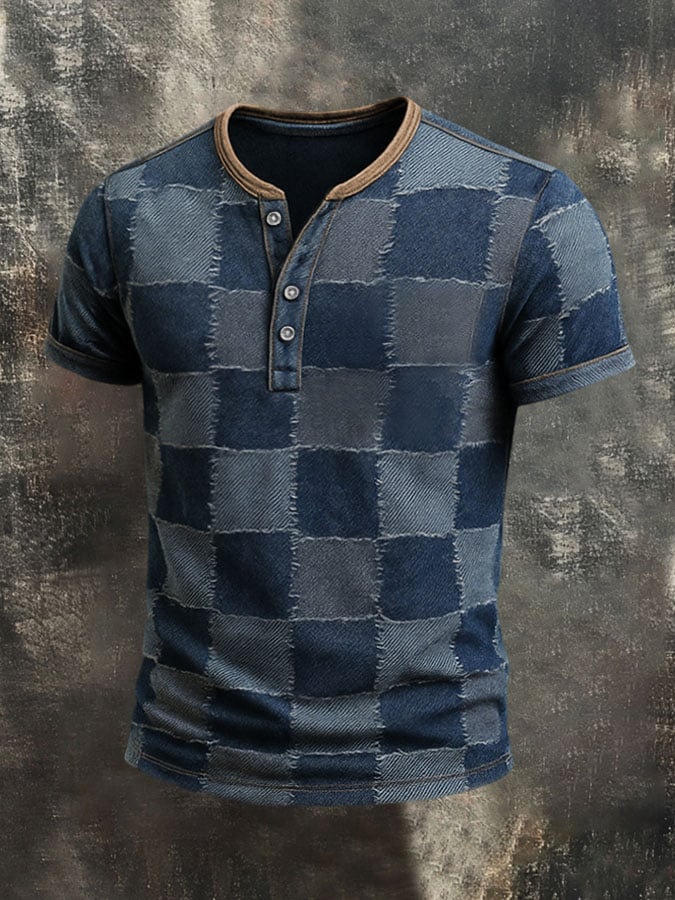 Men's Retro Plaid Colorblock Casual Henley Short Sleeve T-Shirt