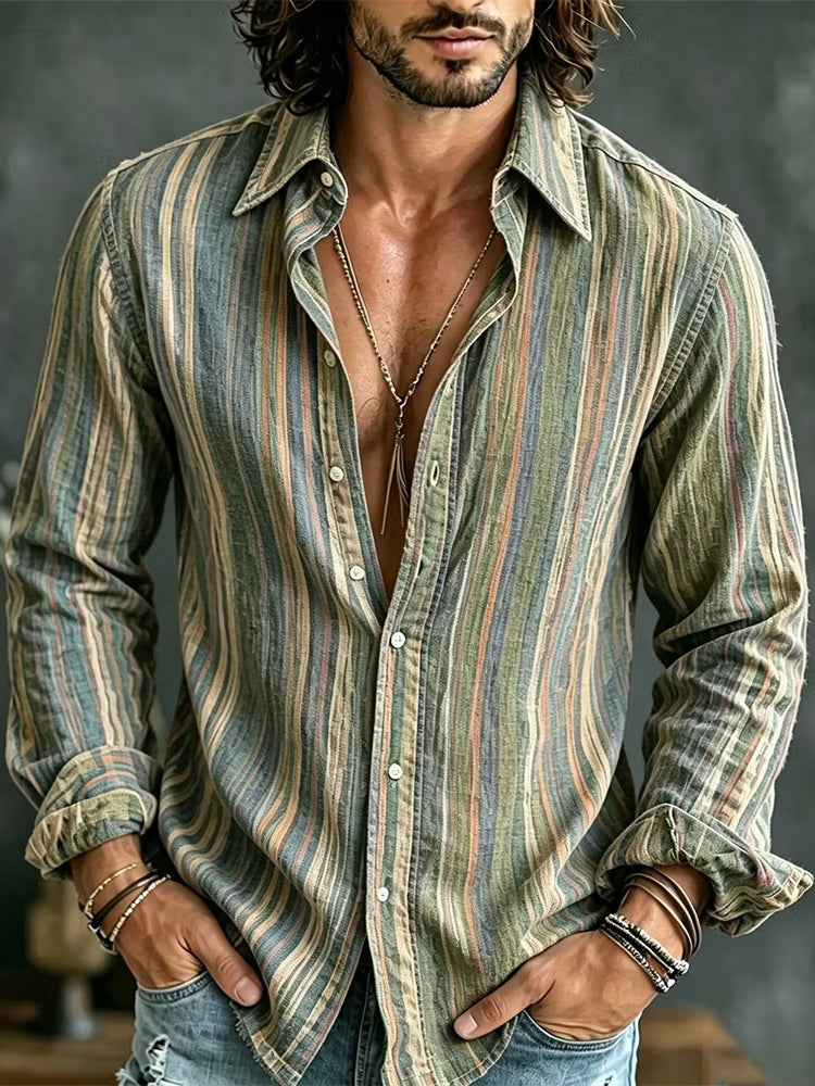 Men's Vertical Wavy Stripes Print Long Sleeve Shirt