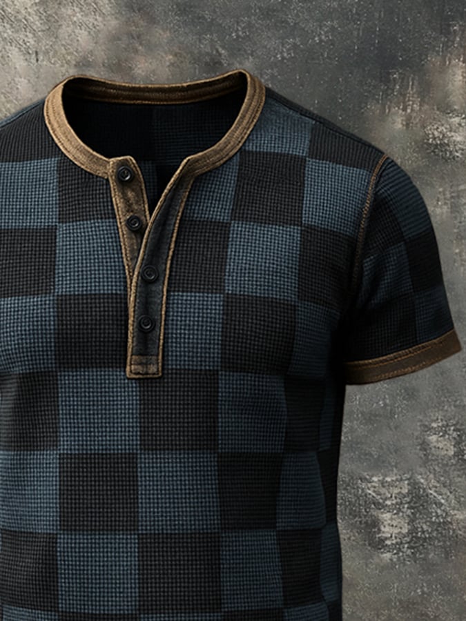 Men's casual waffle henley color block t-shirt
