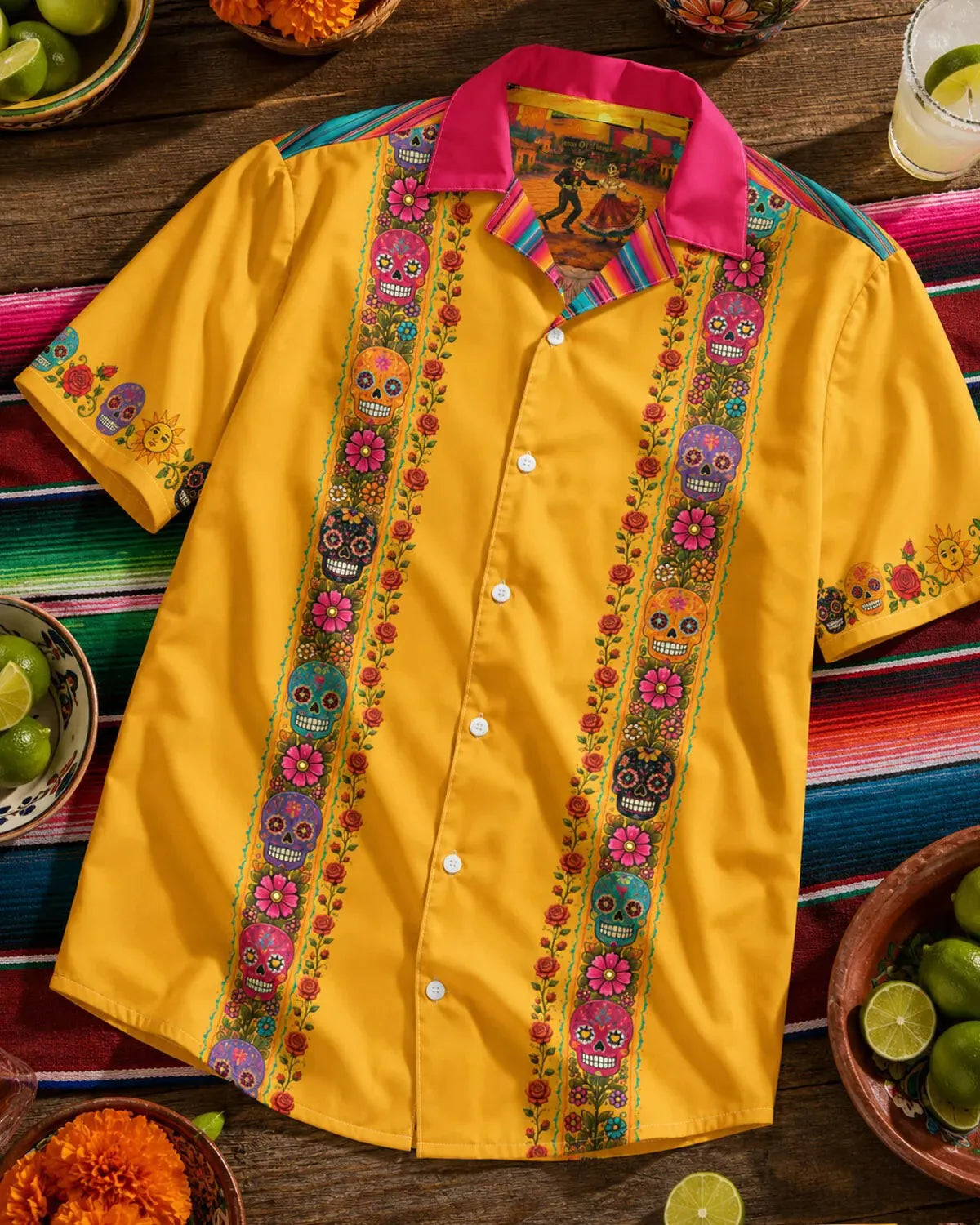 Men's Day of the Dead Floral Sugar Skull Print Cuban Collar Short Sleeve Shirt