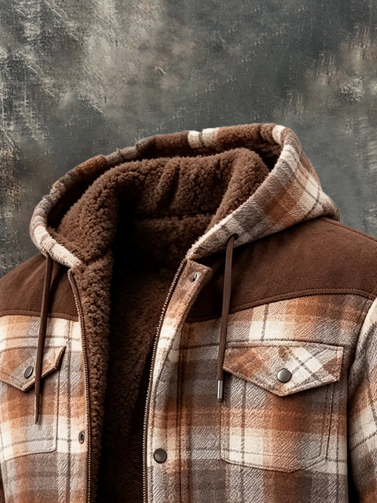 Men's Retro Color-Block Plaid Fleece-Lined Warm Hooded Jacket