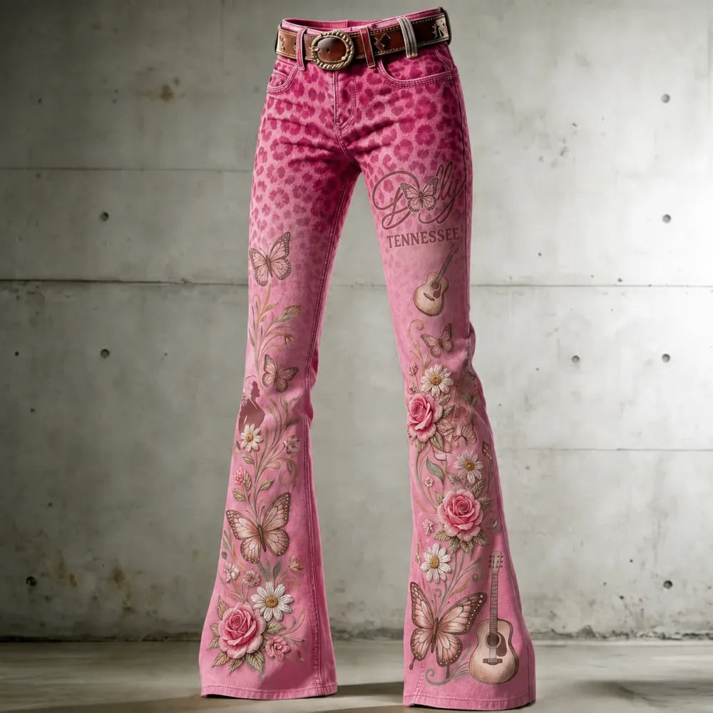 Women's Dolly Parton Tennessee 9to5 Butterfly Rose Guitar Printed Flare Pants