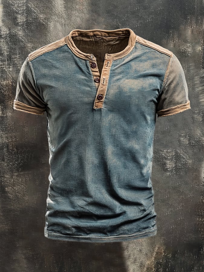 Men's casual retro wash colorblock Henley T-shirt
