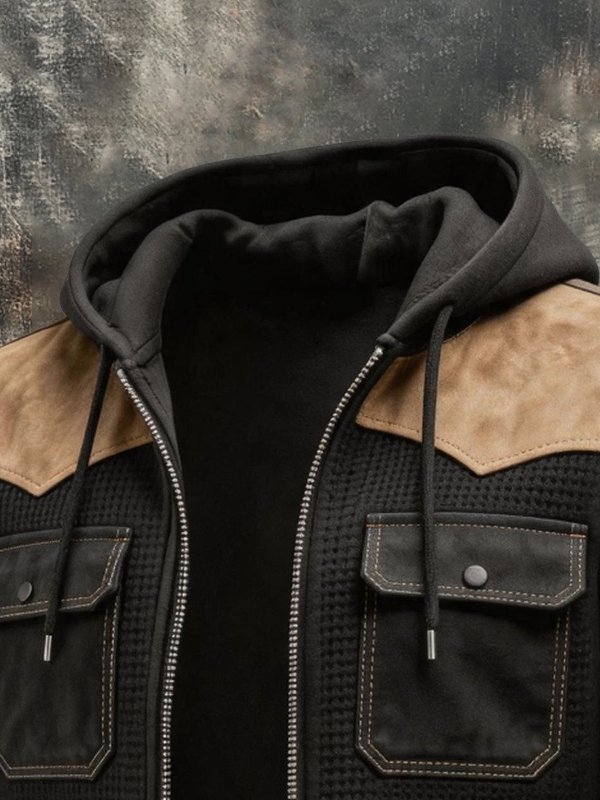 Men's Vintage-Style Suede-Panel Multi-Pocket Hooded Jacket