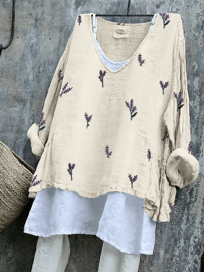 Women's Floral Embroidered Linen V-Neck Comfortable Linen Shirt