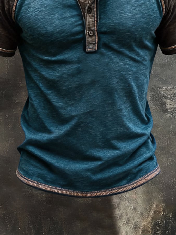 Men's Retro Color-Block Short-Sleeve Henley Shirt