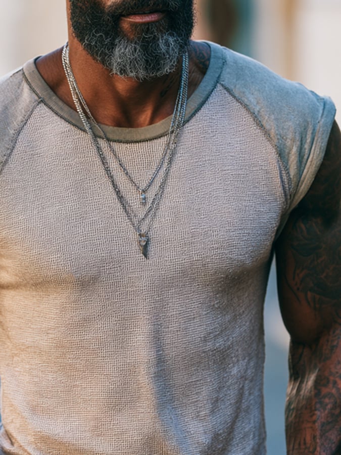 Men'S Fashion Color-Block Waffle-Knit T-Shirt With Cap Sleeves