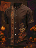 Men's Day Of The Dead Skeleton Playing Guitar Print Stand Collar Short Sleeve Shirt