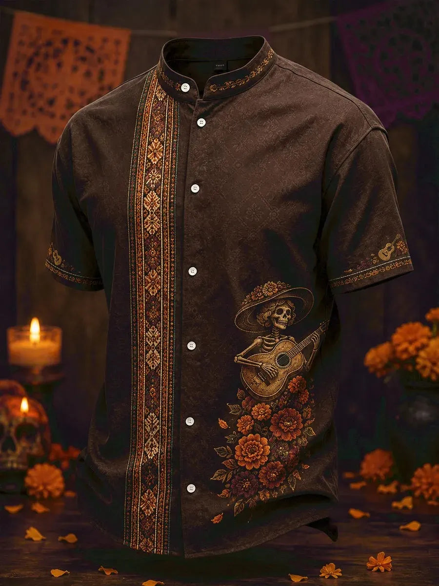 Men's Day Of The Dead Skeleton Playing Guitar Print Stand Collar Short Sleeve Shirt