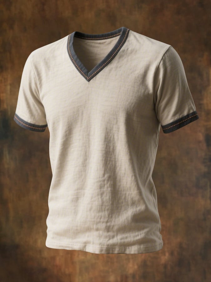 Men'S Retro Colorblock V-Neck Short Sleeve T-Shirt