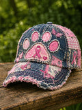 Breast Cancer Awareness Pink Ribbon Butterfly Paw Print Distressed Baseball Cap