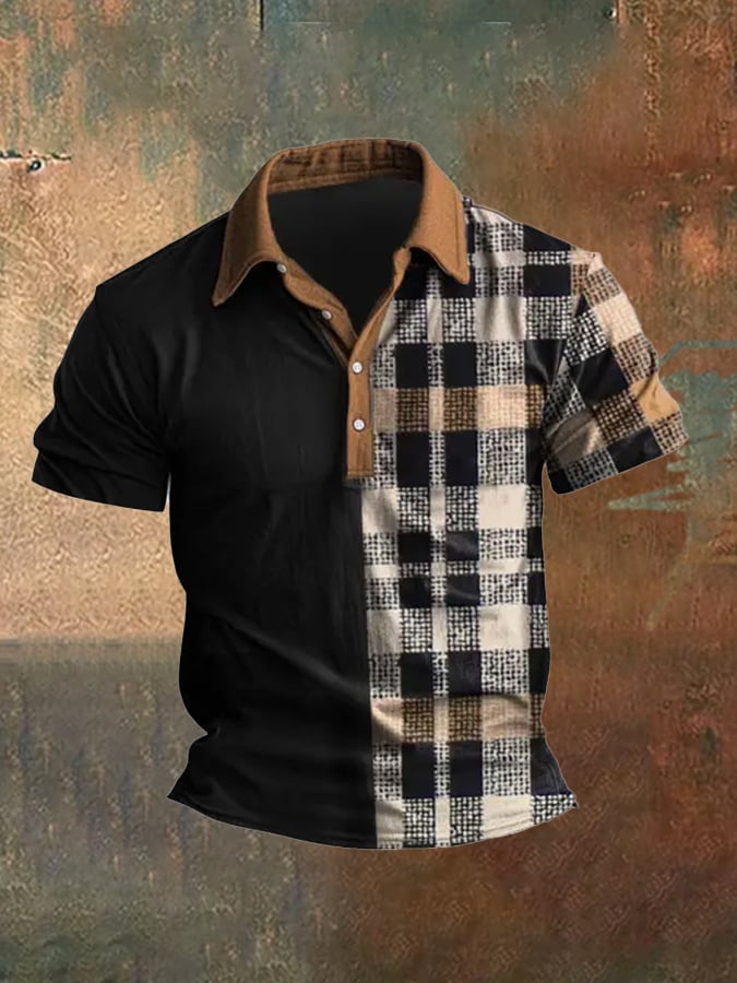 Casual, classic short-sleeved polo shirt with patchwork check pattern for men