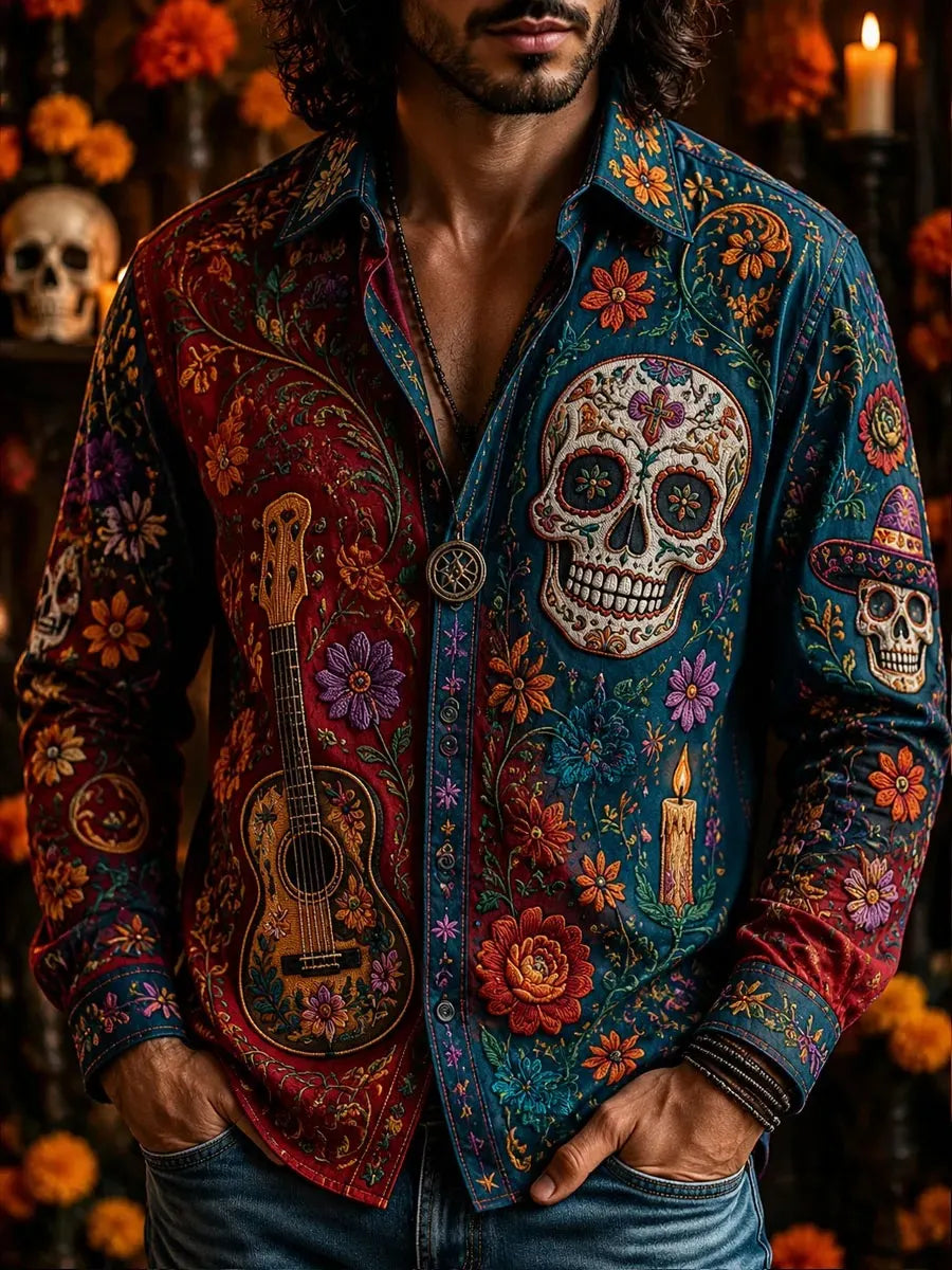 Men's Day Of The Dead Sugar‐Skull Guitar Ritual Candle Bohemian Floral Print Long Sleeve Shirt