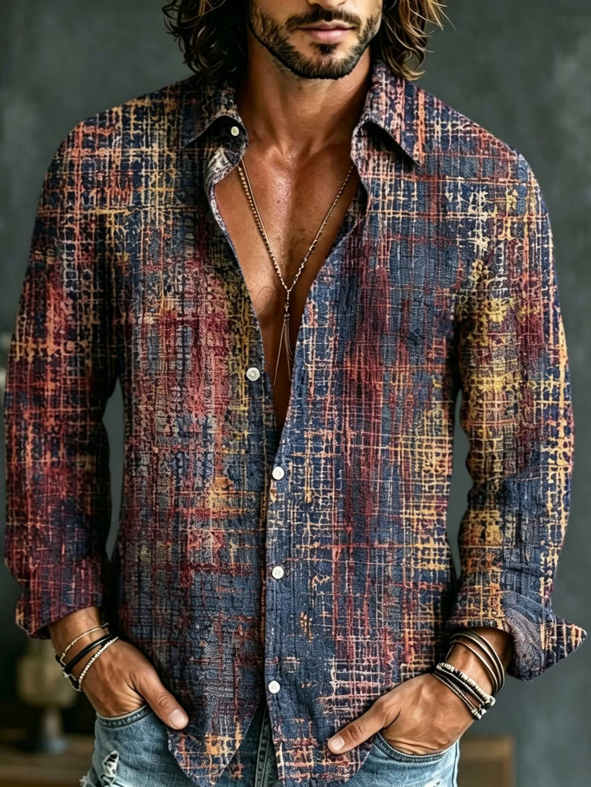 Men's Vintage Muted Color Fragmented Grid Print Long Sleeve Shirt