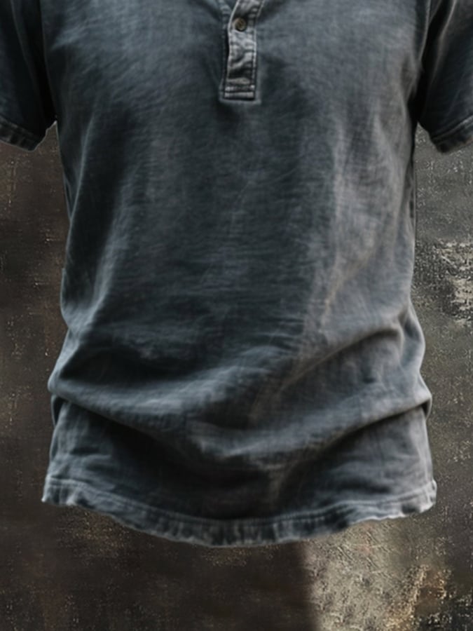 Men's Vintage Distressed Colorblock Casual Henley Short Sleeve T-Shirt