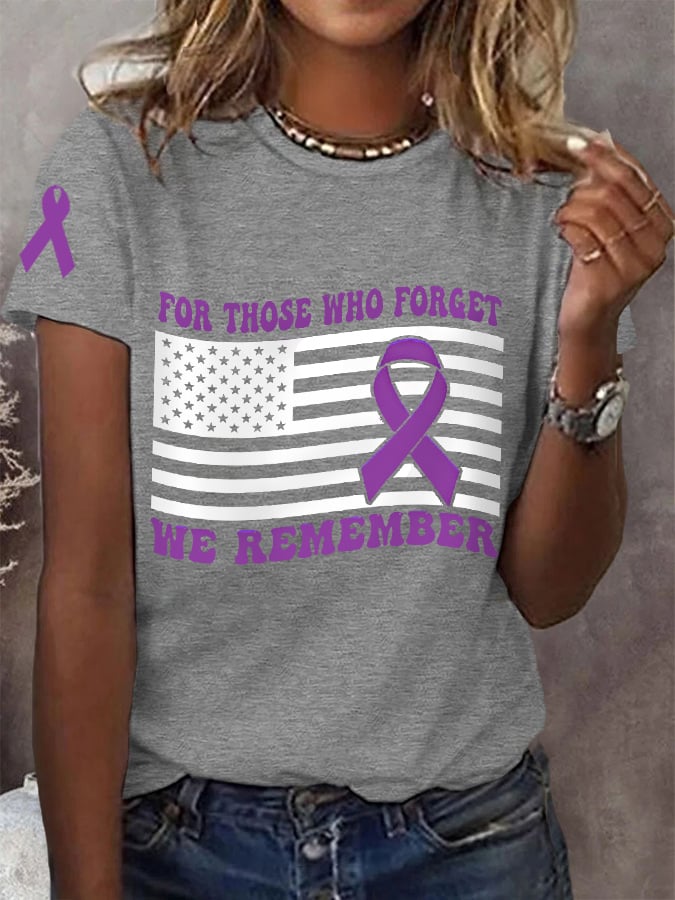 Women's For Those Who Forget We Remember, Purple Ribbon American Flag Alzheimer's Awareness Warrior Tee