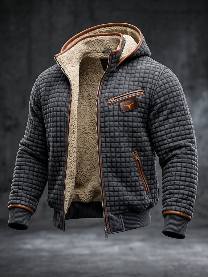 Men's Retro Textured Square Check Double Collar Warm Multi-pocket Outdoor Jacket