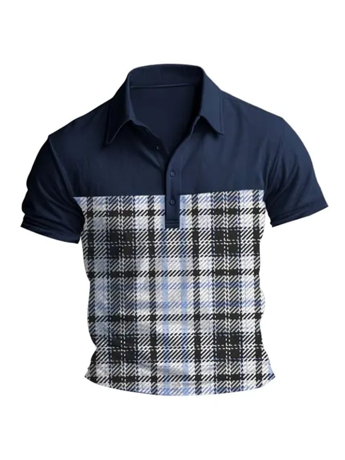 Casual, classic short-sleeved polo shirt with patchwork check pattern for men