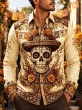 Men's Mexican Day of the Dead Sombrero Sugar Skull Floral Scroll Art Print Long Sleeve Shirt