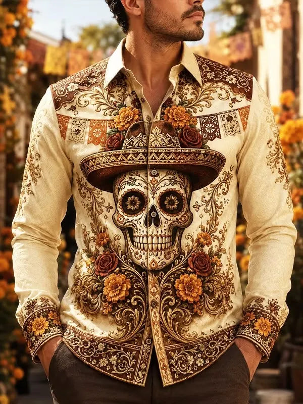 Men's Mexican Day of the Dead Sombrero Sugar Skull Floral Scroll Art Print Long Sleeve Shirt