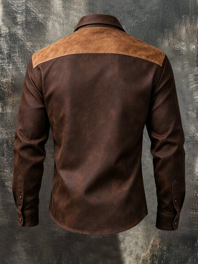 Men'S Retro Western-Style Long-Sleeve Shirt With Leather Paneling And Color-Blocking