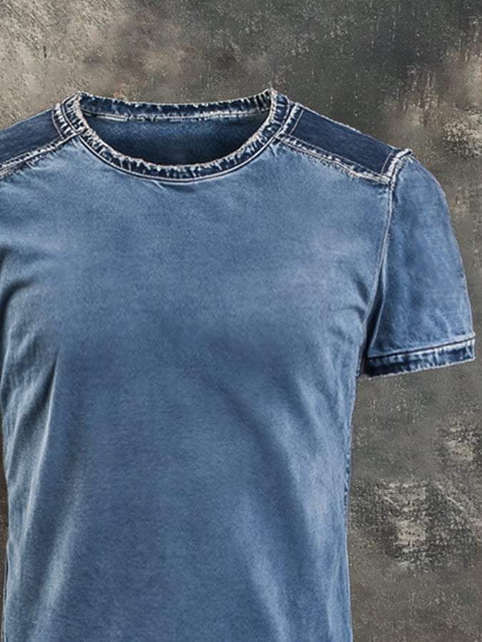 Men's retro-style round-neck short-sleeved T-shirt in washed cotton with contrasting color