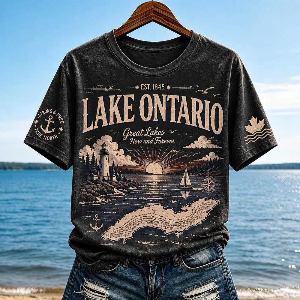 Women's Lake Ontario Graphic T-shirt - Sunset Landscape & Lighthouse Print